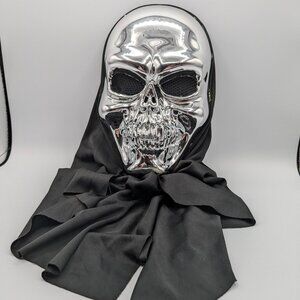 Silver Metallic Skull Halloween Mask with Black Hood, Adult Size